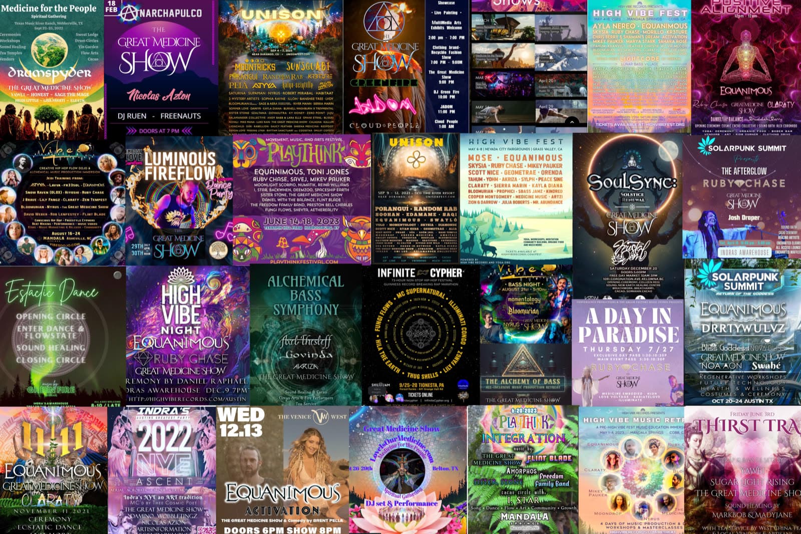 A wall of event posters: The Great Medicine Show, High Vibe Fest, Solarpunk Summit, Unison, Playthink